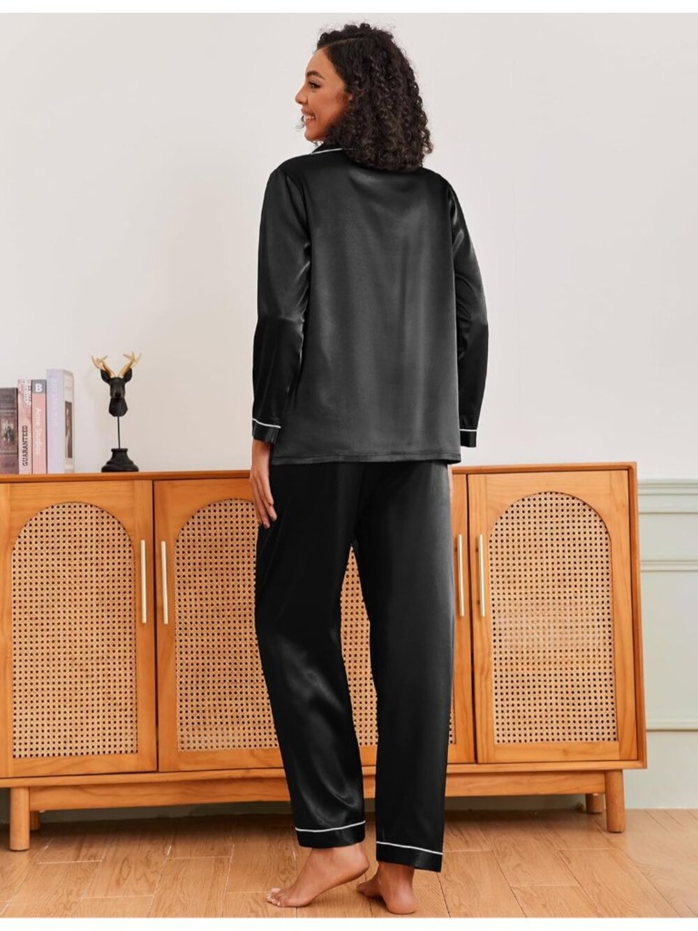 Women's Black Silk Button Down Long Sleeve Sleepwear Pajama Set with Pockets - Picture 2 of 6